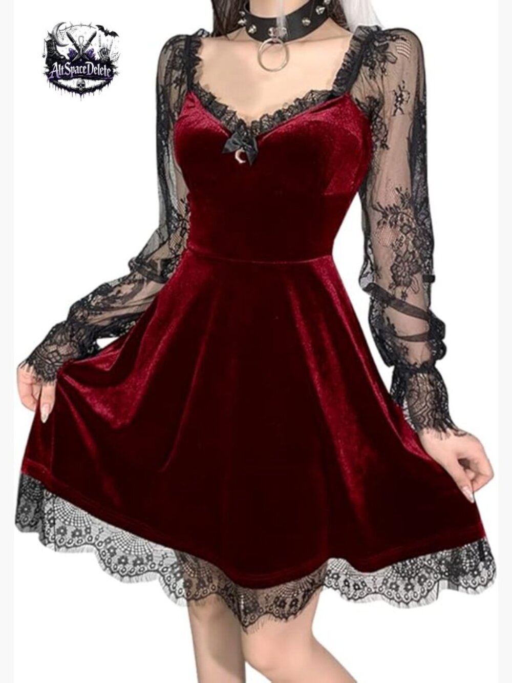 Gothic Lace Mini Dress Long Sleeve A-Line Slim Fit Pull On Vintage